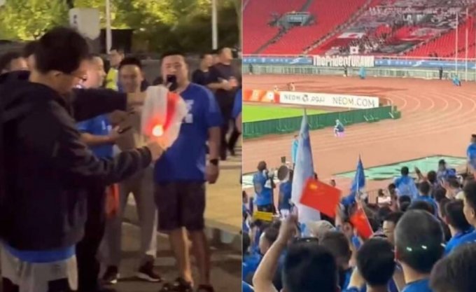 일본 국기를 불태우는 중국 축구팬들(왼쪽)과 경기 도중 일본을 비판하는 내용의 욕설을 내뱉는 중국 축구팬들(오른쪽). / 사진 =  대만 자유시보