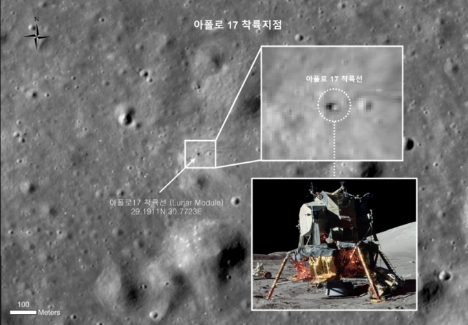 미국항공우주국(NASA)은 1972년 12월 &#039;아폴로 17호&#039; 우주선을 달에 보내 인류의 마지막 달 탐사 임무를 수행했다. 최근 한국 연구진은 우리나라 최초 달 궤도선 다누리를 통해 아폴로 17호 착륙지를 촬영하는 데 성공했다. / 사진=한국항공우주연구원