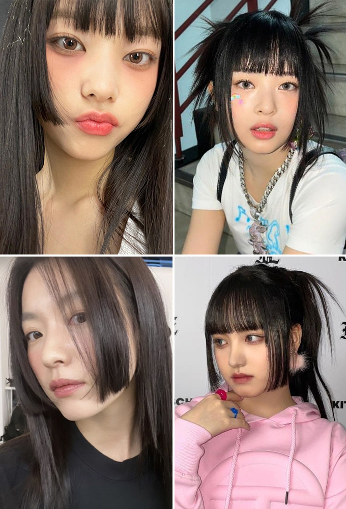 (왼쪽 위부터 시계 방향으로) 히메컷에 도전한 그룹 뉴진스 해린과 하니, 그룹 아이브 리즈, 배우 한효주./사진=뉴진스, 아이브, 한효주 인스타그램