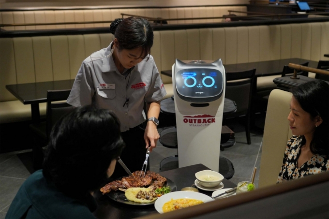 아웃백에 도입된 서빙 로봇 벨라봇이 접객 서비스를 돕고 있다/사진제공=브이디컴퍼니