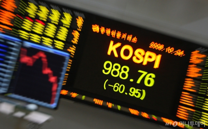 2008년 10월24일 오전 서울 여의도 증권거래소에서 한 거래소 직원이 끝없이 추락하고 있는 코스피, 코스닥 시황판. /사진=이명근 기자 qwe123@