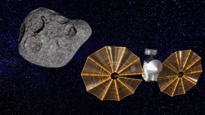 소행성 &#039;딘키네시&#039;(Dinkinesh)를 근접 비행하는 우주선 루시(노란색) 임무 모식도. / 사진=미국항공우주국(NASA)