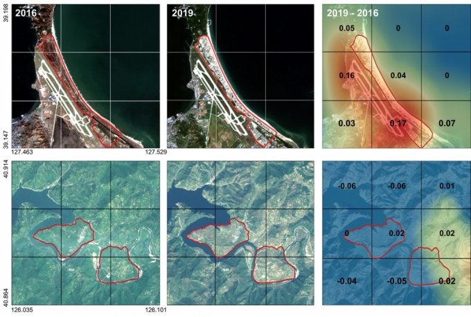 KAIST(한국과학기술원) 연구진이 분석한 북한의 2016년과 2019년 위성 영상과 경제 점수 차이. 관광개발구 중 하나인 원산 갈마지구(상단)는 유의미한 개발이 발견되었으나 공업개발구인 위원개발구(하단)는 변화가 나타나지 않았다. / 사진제공=KAIST(한국과학기술원)