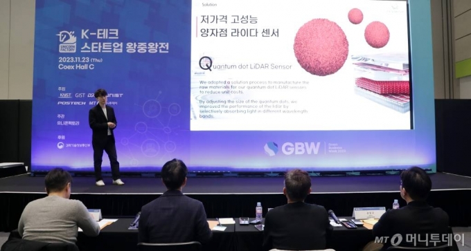 22일 서울 강남구 코엑스에서 열린 국회수소경제포럼이 주최하고 머니투데이가 주관하는 &#039;그린비즈니스위크 2023(GBW 2023)&#039; K-테크 스타트업 왕중왕전에서 학생창업그룹 티아주식회사가 IR 발표를 하고 있다. /사진=김휘선 기자 hwijpg@