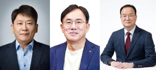 김동명(왼쪽부터) LG에너지솔루션 CEO, 정철동 LG디스플레이 CEO, 문혁수 LG이노텍 CEO. /사진= 각 사