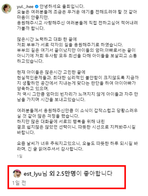 그룹 라붐 출신 율희가 지난 5일 올린 인스타그램 글에 유튜버 유깻잎이 &#039;좋아요&#039;를 누른 모습./사진=율희 인스타그램