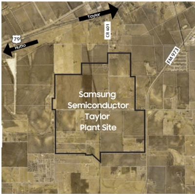 삼성전자가 약 170억달러(약 22조 3385억원, 달러당 1314.03원 기준)를 투자해 2024년말 가동을 목표로 파운드리 공장을 짓고 있는 텍사스 테일러시의  1200에이커(약 486만㎡) 공장부지의 항공 사진./사진제공=삼성반도체 홈페이지.