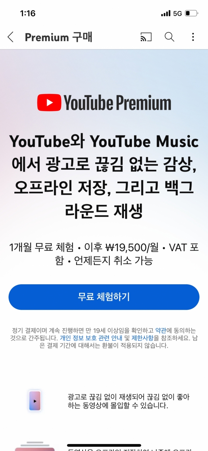아이폰으로 결제했을 때 유튜브 프리미엄 가격. /사진=유튜브 프리미엄 갈무리