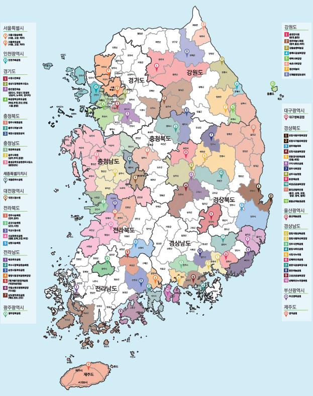 전국 화장시설 현황. 같은 색으로 표시한 지역은 인접 화장시설에서 관내화장 가능지역이고, 색이 없는 지역은 관내화장시설이 없는 곳이다 /사진제공=보건복지부