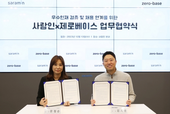 김지훈 스노우볼 대표(오른쪽)가 문정순 사람인 실장과 업무협약을 맺고 있다. /사진=데이원컴퍼니 제공