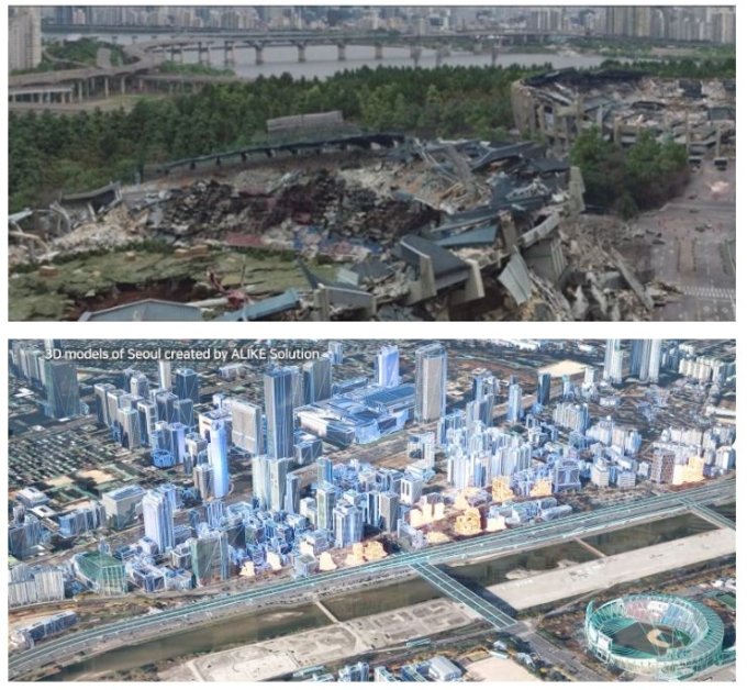 넷플릭스 시리즈 &#039;스위트홈 시즌2&#039;에 나오는 서울 잠실 종합운동장 일대가 파괴된 모습(위)과 네이버랩스가 제작한 서울시 3D 모델링 데이터 /사진=YN C&amp;S
