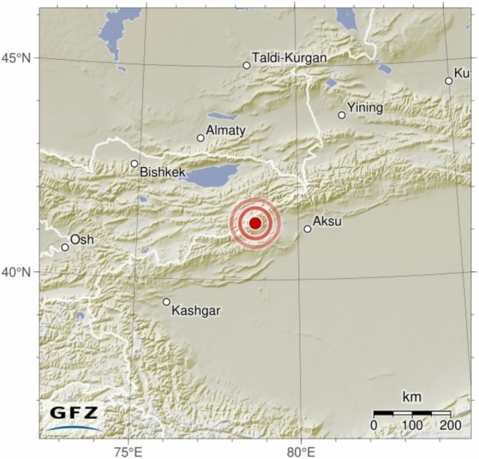 23일(현지시간) 오전 2시9분 중국 신장 위구르 자치구 우스 현 인근에서 규모 7.1의 지진이 발생했다./ 사진=독일 지질과학연구소 갈무리
