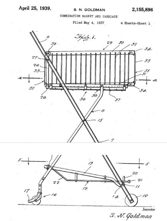골드만이 특허를 받은 최초의 쇼핑카트, 접이식 의자 위에 바구니를 놓고 다리에 바퀴를 단 구조로 설계됐다/자료사진  