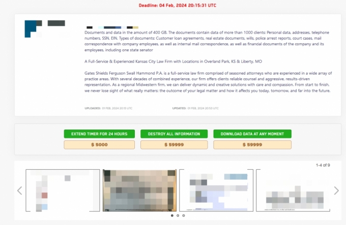 랜섬웨어 조직 락빗(Lockbit)이 미국 모 로펌에서 탈취한 자료를 판매하거나 공개하겠다고 올린 게시물을 캡쳐한 것이다. 1000여명 이상 고객의 민감 정보를 판매하겠다는 설명과 함께 데이터 공개시간 연장, 데이터 완전 삭제, 데이터 다운로드 등에 필요한 비용을 알리는 내용이 적혀 있다. 회사 이름과 공개된 샘플의 민감정보 부분은 모자이크 처리했다. / 사진제공=SK쉴더스