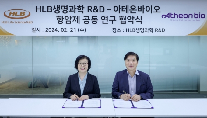 HLB생명과학 R&D 한용해 대표(우측)와 아테온바이오 최소희 대표가 업무협약을 체결하고 있다./사진제공=HLB그룹