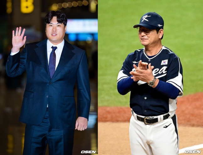 23일 인천국제공항을 통해 일본 오키나와로 출국하는 류현진(왼쪽)과 이날 한국 야구 대표팀 사령탑으로 선임된 류중일 감독.