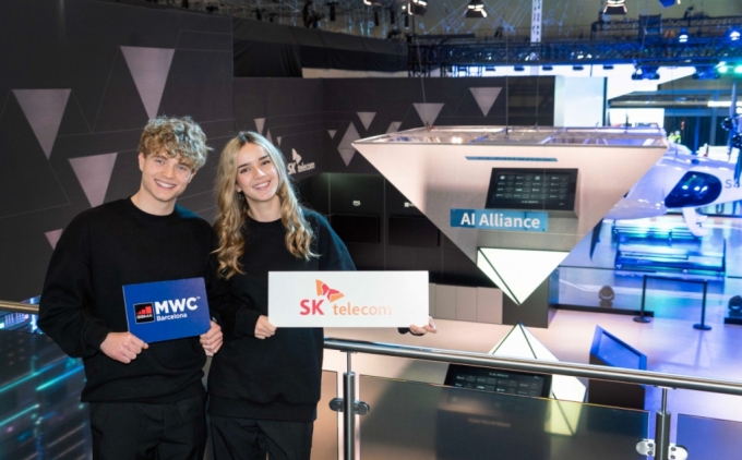 MWC 2024가 열린 스페인 피라 그란 비아(Fira Gran Via) 내 SK텔레콤 부스. /사진=SK텔레콤