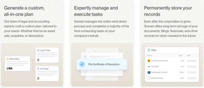 기업파산을 돕고 관련기록을 저장해준다는 선셋의 비즈니스영역/사진=선셋 