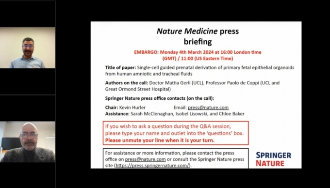 지난 2월 26일 파올로 데 코피 교수, 마티아 게를리 박사 등 연구팀이 온라인으로 진행한 논문 내용 브리핑 장면. /사진=네이처 메디신