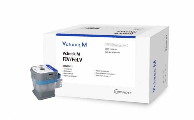 바이오노트는 현장용 분자진단장비 '브이체크(Vcheck) M10' 전용 고양이 면역결핍바이러스(FIV)·백혈병바이러스(FeLV) 검사 카트리지 제품 '브이체크 M FIV/FeLV'를 출시했다. /사진제공=바이오노트