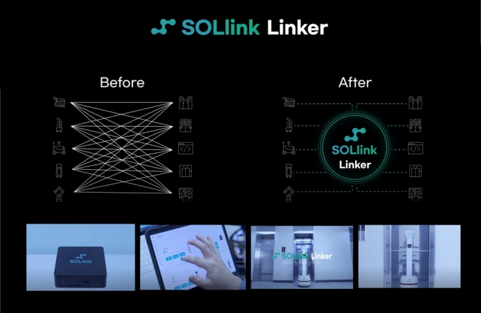마로솔은 이종 로봇 통합 관제 솔루션 &#039;솔링크&#039;에 엘러베이터 연동 기능을 더한 &#039;솔링크 링커&#039;와 &#039;솔링크 워크 플로우 빌더&#039;를 선보였다. 솔링크 링커는 로봇이 엘레베이터를 탑승할 때 필요한 관제 기능을 효율화하는 역할을 한다. /사진제공=마로솔