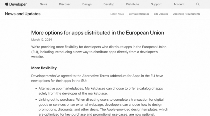 개발자들이 앱스토어를 통하지 않고도 앱을 배포할 수 있다고 공지한 애플 개발자 블로그. /사진=애플 개발자 블로그 갈무리