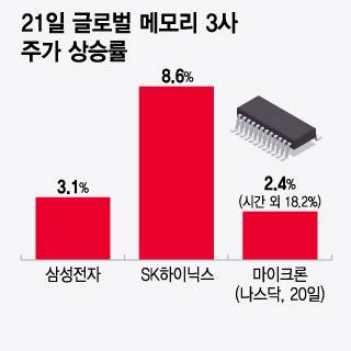 21일 글로벌 메모리 3사 주가 상승률. /그래픽=윤선정 기자.