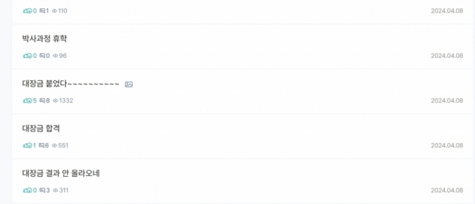 8일 발표 직후 국내 대학원생 커뮤니티에 '대장금(대통령 과학장학금)' 합격 '인증글'이 올라오기 시작했다. /사진=김박사넷 갈무리