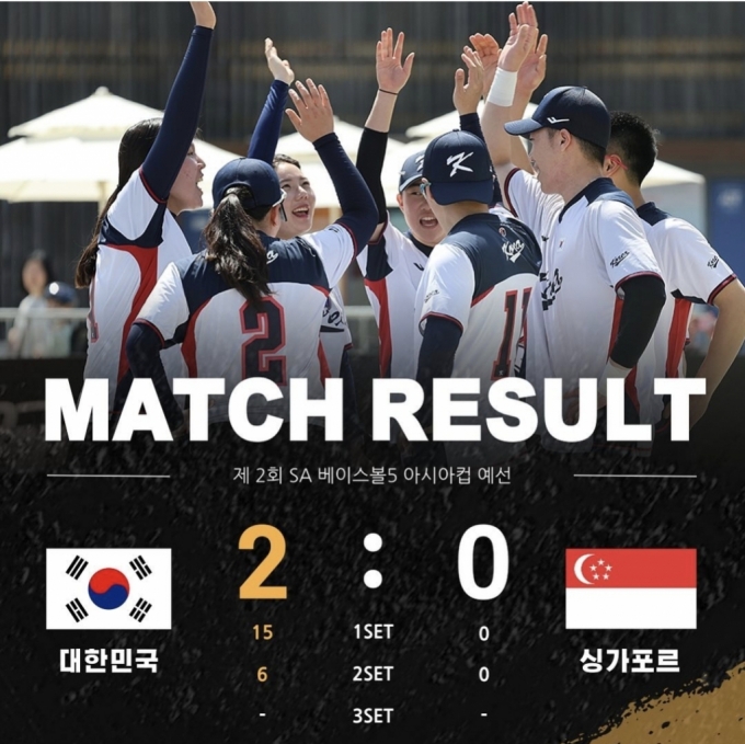 대한민국 베이스볼5 대표팀이 13일 서울특별시 송파구에 위치한 올림픽공원 평화의 광장 베이스볼5 특설경기장에서 열린 '제2회 SA 베이스볼5 아시아컵' 예선에서 싱가포르에 세트 점수 2-0으로 승리했다. /사진=베이스볼5 대표팀 공식 SNS  