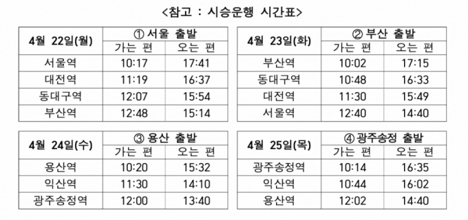 KTX-청룡 시승운행 시간표