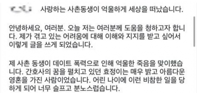 본인을 전 남자친구에게 폭행 당해 치료를 받다 숨진 이모씨의 사촌언니로 소개한 A씨가 SNS(소셜네트워크서비스)에 올린 글이 공개됐다./사진=인스타그램 갈무리