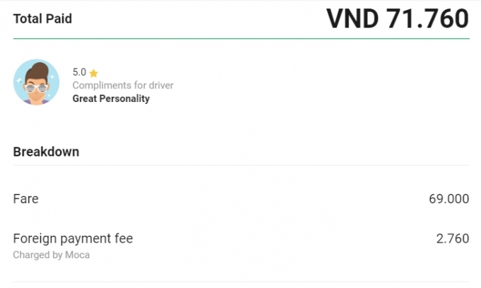 베트남 '그랩'의 요금내역. 모카(Moca)라는 페이서비스가 사용됐다./사진=그랩 화면캡처