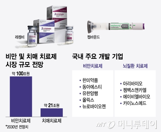 비만 및 치매 치료제 시장 규모 전망, 국내 주요 개발 기업/그래픽=윤선정