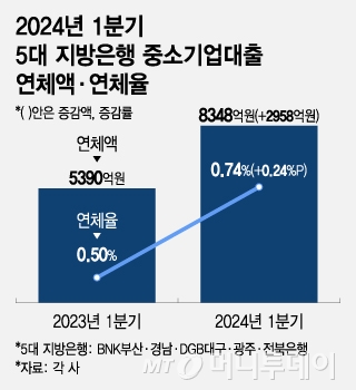 2024년 1분기 5대 지방은행 중소기업대출 연체액·연체율/그래픽=조수아
