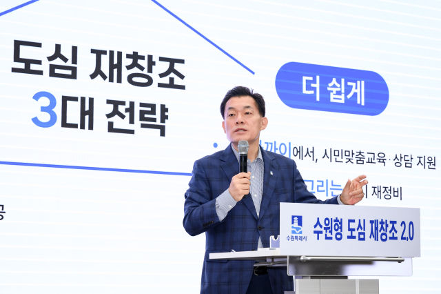 이재준 수원시장이 22일 시청 중회의실에서 '수원형 도심 재창조 2.0 프로젝트'를 발표하고 있다./사진제공=수원시