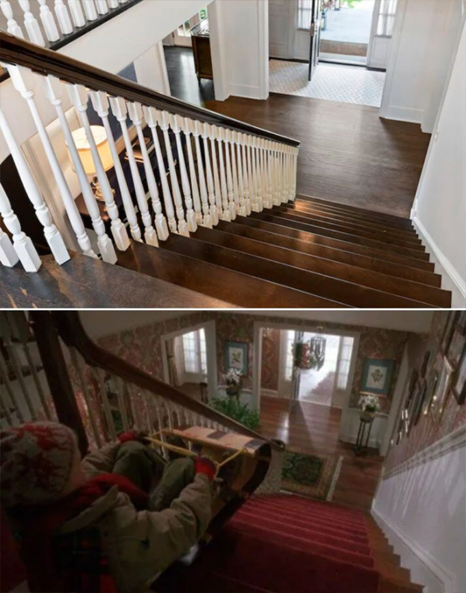 영화 '나 홀로 집에'에서 케빈의 집으로 나왔던 주택 내부 현재 모습(위)과 영화 '나 홀로 집에' 속 장면./사진=질로우, 20세기폭스