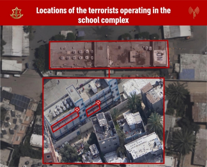이스라엘군은 6일(현지시간) 팔레스타인 가자지구 중부 누세이라트 지역에 있는 유엔 팔레스타인난민기구(UNRWA) 학교 내 하마스(팔레스타인 무장 정파) 근거지를 폭격했다고 밝혔다. 사진은 IDF가 공격 사실을 알리며 공개한 학교 위성 사진 /사진=IDF 엑스(옛 트위터)
