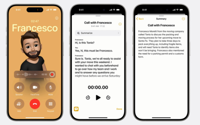 애플이 '세계개발자회의(WWDC) 2024'에서 아이폰 전화통화 녹음·받아쓰기·요약 기능을 소개하는 모습./사진=애플