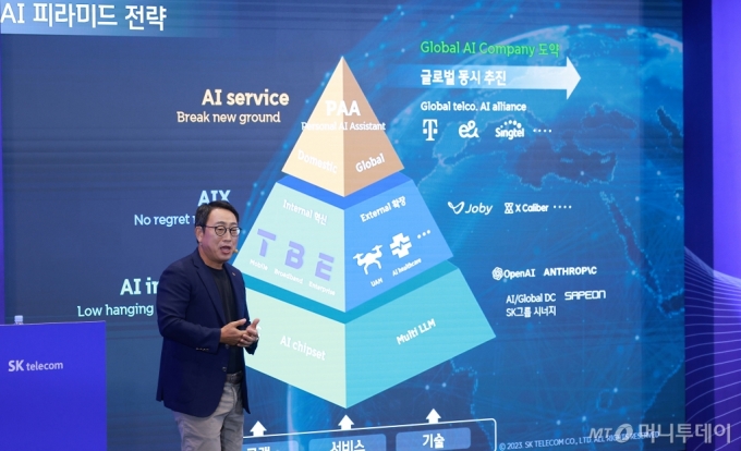 유영상 SK텔레콤 사장이 지난해 9월 26일 서울 중구 SKT타워 수펙스홀에서 열린 'SKT AI 사업전략 기자간담회'에서 AI 사업전략을 발표하고 있다.  이날 SKT는 "AI를 중심으로 자체 경쟁력 강화와 전방위 협력을 통해 명실상부 글로벌 AI 컴퍼니로 도약하겠다"며 포부를 밝혔다. /사진=임한별(머니S)