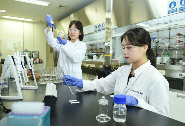 지방세포 리모델링을 유도하는 저분자 후보물질을 개발한 경과원 천연물소재팀 연구원들이 연구활동을 하고 있다./사진제공=경과원