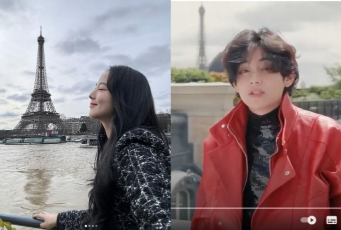 블랙핑크 지수(왼쪽), BTS 뷔가 각각 프랑스 파리를 방문한 모습/사진=지수 인스타그램, BTS 유튜브 