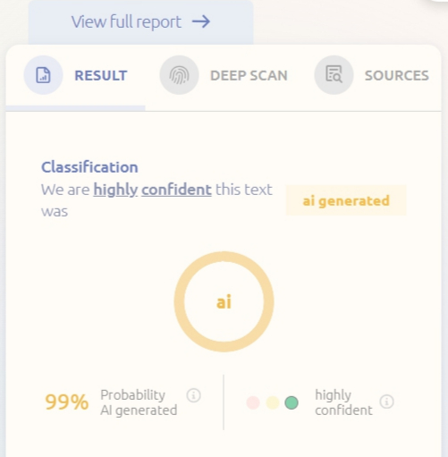 기자가 GPT제로에 특정 문장을 입력하자 &quot;99% 확률로 AI가 쓴 것&quot;이라고 판단했다./사진=GPT제로
