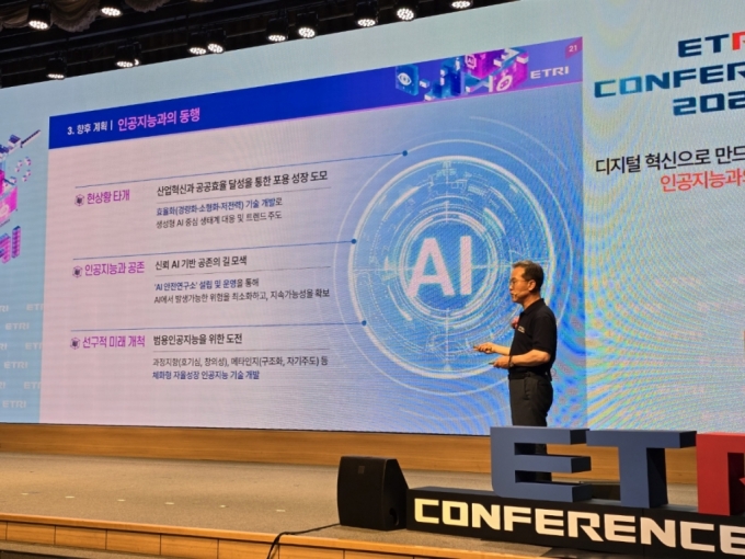26일 서울 강남구 과학기술컨벤션센터에서 '디지털 혁신으로 만드는 행복한 내일: 인공지능과의 동행'을 주제로 열린 '에트리 컨퍼런스 2024'에서 발표하는 방승찬 ETRI 원장 /사진=ETRI