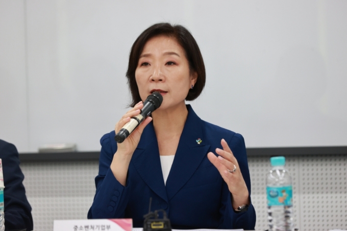 오영주 중소벤처기업부 장관이 27일 서울 용산구 서울창조경제혁신센터에서 열린 중소벤처기업 글로벌화 지원 원팀 협의체 킥오프 회의에서 인사말을 하고 있다. /사진제공=중소벤처기업부