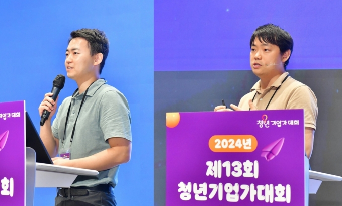 27일 서울 강남구 슈피겐홀에서 열린 &#039;제13회 청년기업가대회&#039; 결선에서 최종 우승을 차지한 강상원 래티스 대표(왼쪽)와 이응구 오스 대표 /사진=머니투데이 