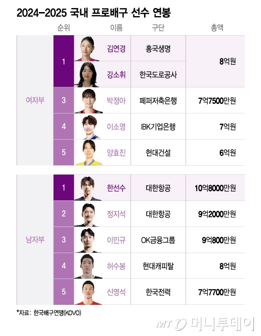 2024-2025 국내 프로배구 선수 연봉/그래픽=이지혜