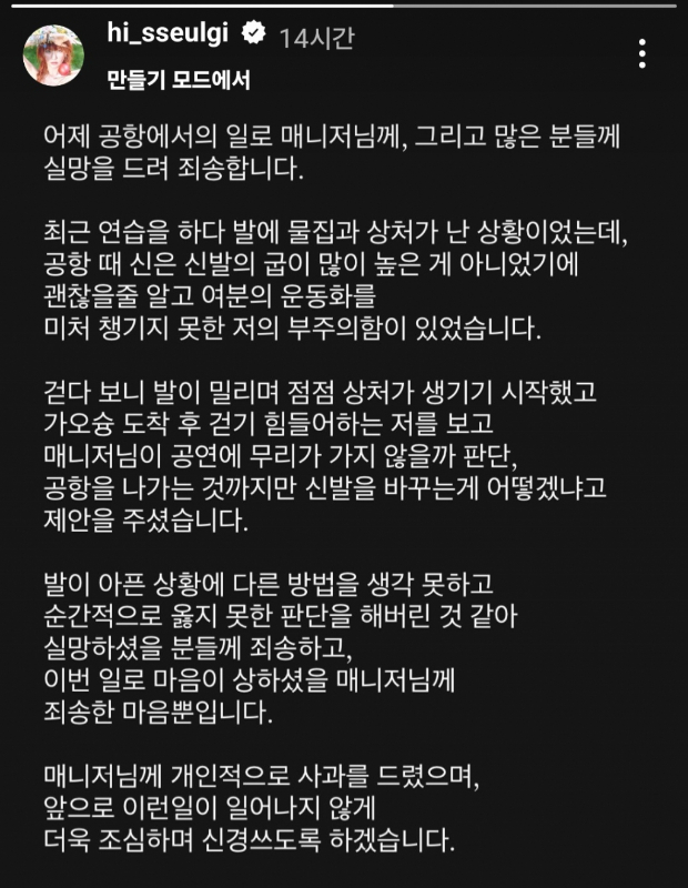 레드벨벳 멤버 슬기가 자신의 SNS를 통해 사과문을 올렸다./사진=슬기 인스타그램 캡쳐