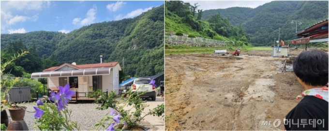 (우)16일 오전 충남 금산군 부암리에서 침수 피해를 입은 김씨가 농막이 있던 곳을 살펴보고 있다. 김씨 부부의 농막과 비닐하우스는 이번 침수로 흔적도 없이 쓸려 내려갔다. (좌)침수 피해전 김씨 부부의 농막./사진=독자제공