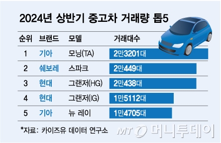 2024년 상반기 중고차 거래량 톱5/그래픽=김다나