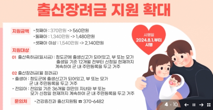 경북 청도군이 출산지원금을 대폭 늘려 셋째아 이상의 경우 2140만원을 지급한다. /사진=청도군 홈페이지 캡처 